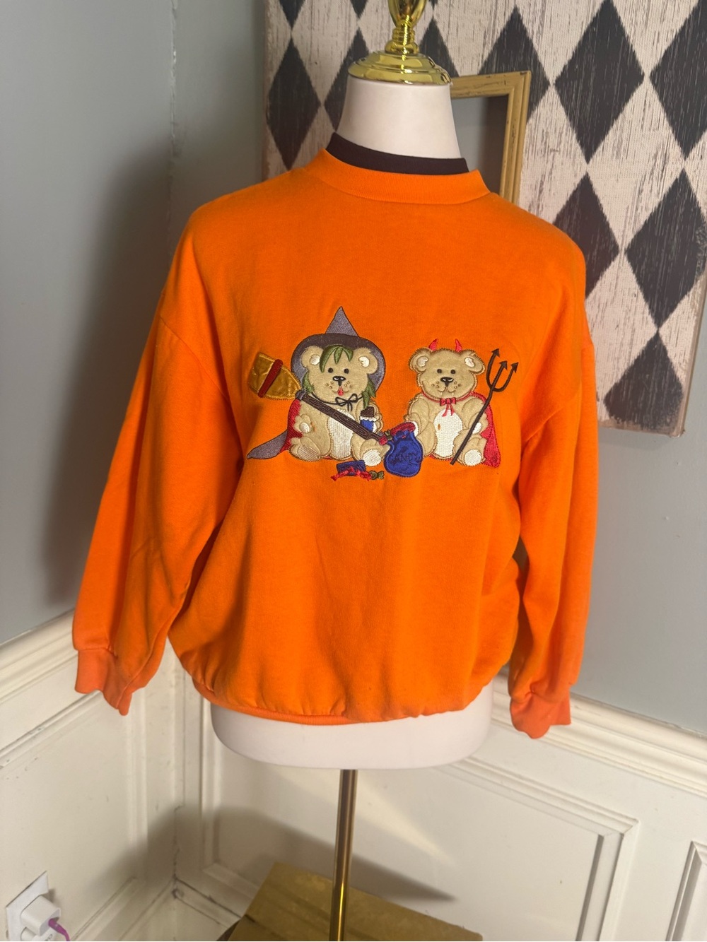 Vintage Basic Editions Halloween Teddy Bear Witch Devil Orange Sweatshirt M